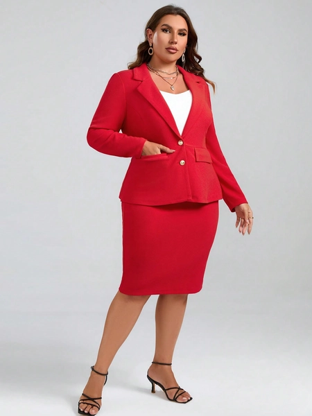 SHEIN Clasi Plus Lapel Neck Blazer & Split Back Skirt