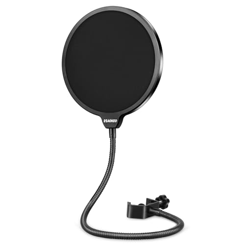 Aokeo Professional Micrófono Pop Filter Shield para Blue Yeti y cualquier otro micrófono,Pantalla Pop Wind de Doble Capa Con un Brazo Estabilizador de Clip de Cuello de Cisne Flexible de 360° - black