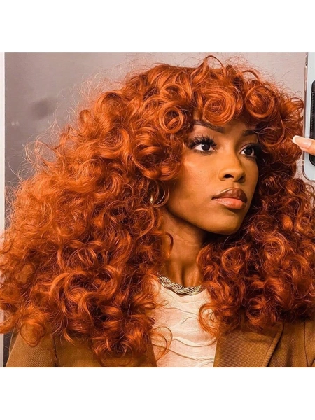Black Friday Synthetic Heat Resistant Wigs Bouncy Curls Wigs with Bangs Copper Ginger 18 inch Chemical Fiber Wig Bangs Wig Daily Used Easy to Wear Beginner Friendly Big Bouncy Fluff Curly Wigs