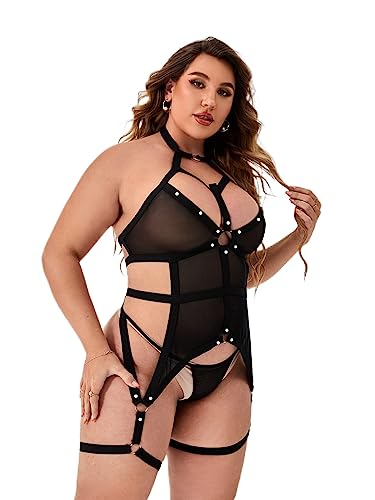 SOLY HUX Women's Plus Size Sexy Lingerie 2 Pieces Sets Exotic Mesh Sheer Garter Teddy Babydoll Bodysuit and Thong - Large Plus - Solid Black