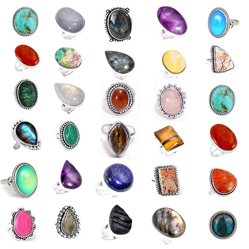 SUNYARAN All Adjustable Gemstone Silver Rings - 10 Pcs - Women Silver Plated Statement Wholesale Jewelry Set Chunky Silver Rings Pack Handmade Gothic Vintage Rings for Girls