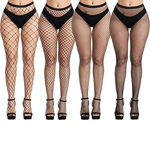 FULLSEXY Plus Size Fishnet Stockings, Fishnet Tights Thigh High Stockings Pantyhose for Women - One Size - Black 01(4 Pairs)