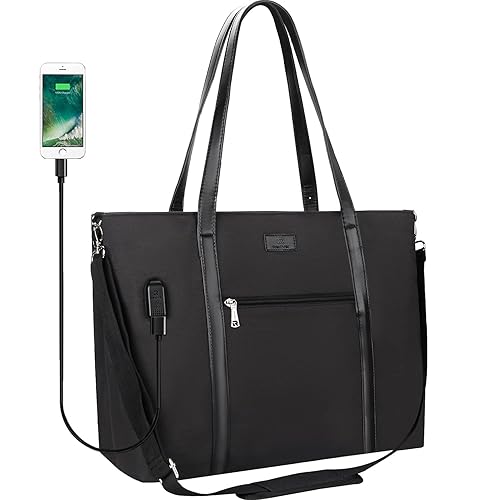 Laptop Bag for Women 17.3 Inch Laptop Tote Bag Large Work Tote Bag Waterproof Work Bag Teacher Bag with USB Charging Port Computer Tote Bag Nylon Handbag Satchel Shoulder Bag(17.3 inch, Black) - Black
