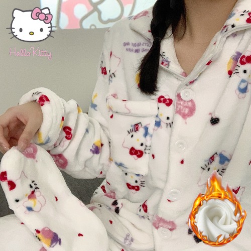 Pyjama chaud en velours pour femmes, Hello Kitty, Cinnamoroll Anime, Kuromi Melody, lieux d'hiver, vêtements de maison mignons, cadeaux d'anniversaire pour filles