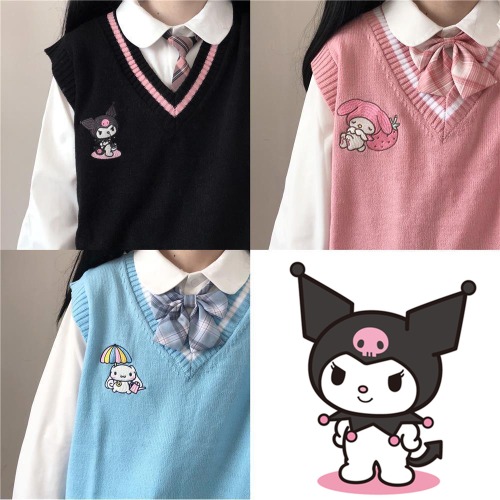 Pull en laine Kawaii Kuromi My Melody Cinnamoroll Sanrioes, col en V, gilet, glaimprimés Lolita, vêtements pour filles, anime, périphérie, organisation
