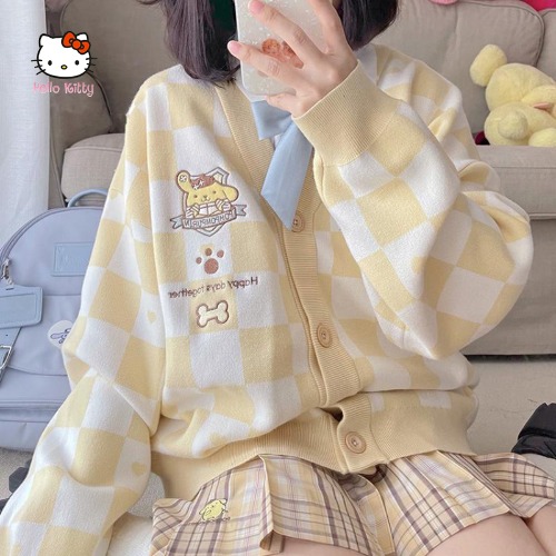 Kawaii Sanurgente Pompom Purin Plaid Jacket, Cute My Melody Kuromi Cinnamoroll, Student Sweater, Casual Gift, Autumn Winter