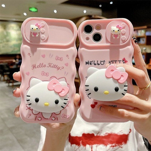 Coque de téléphone anti-chute tout compris pour iPhone, motif vague de dessin animé, fenêtre poussoir, support Hello Kitty, 11, 12, 13, 14, Pro, Max Plus