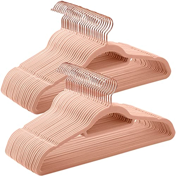 SONGMICS Velvet Hangers, Set of 50 Clothes Hanger with Rose Gold Swivel Hook, Non-Slip, and Space-Saving, 0.2-Inch Thick, 17.1-Inch Long for Coat, Shirt, Dress, Pants, Tie, Light Pink UCRF21PK50