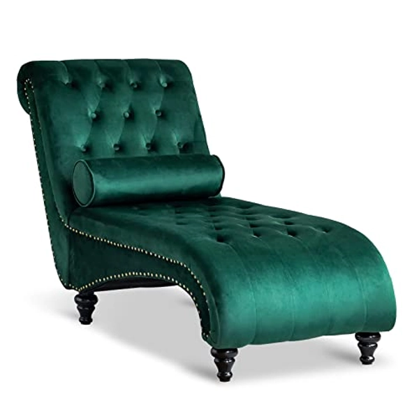 Paddie Velvet Button-Tufted Chaise Lounge Chair Leisure Sofa Chaise Chair w/Bolster Pillow, Nailhead Trim and Turned Legs for Indoor Living Room (Green)