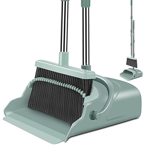 kelamayi 2023 Upgrade Broom and Dustpan Set, Large Size and Stiff Broom Dust pan with Long Handle, Upright,Ideal for Indoor Outdoor Garage Kitchen Room Office Lobby Use (Green) - Green
