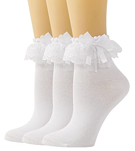SEMOHOLLI Women Ankle Socks,Lace Ruffle Frilly Comfortable Princess Socks Lace Socks - 5-8 - 3 Pairs-white