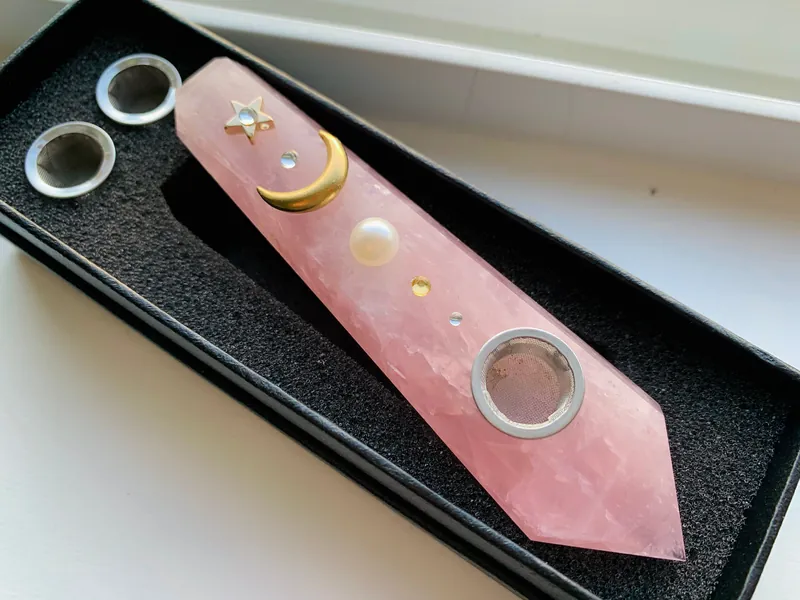 PINK MOONCHILD Crystal Pipe 2 Extra Filters Smoking Supplies Quartz Natural Raw Stone Tobacco Gemstone Handcrafted Pipe Gifts For Her Him