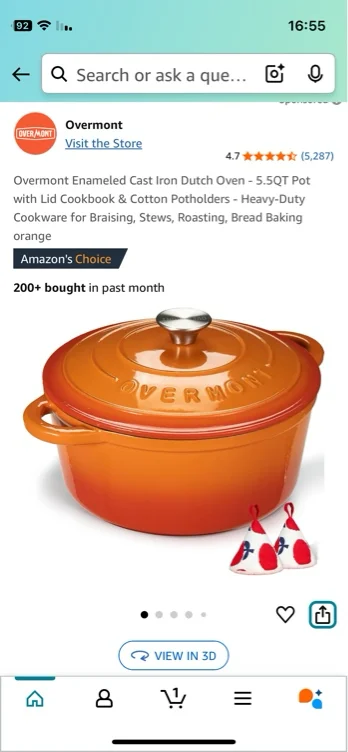 Overmont Enameled Cast Iron Dutch Oven - 5.5QT Pot with Lid Cookbook & Cotton Potholders - Heavy-Duty Cookware for Braising, Stews, Roasting, Bread Baking orange - Pumpkin - 5.5 Quart