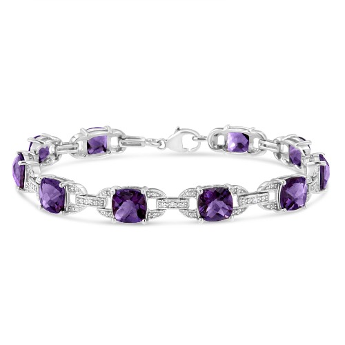 .925 Sterling Silver 7mm Cushion Cut Amethyst Gemstone and Diamond Tennis Link Bracelet (I-J Color, I1-I2 Clarity) - Size 7" - Purple Diamond