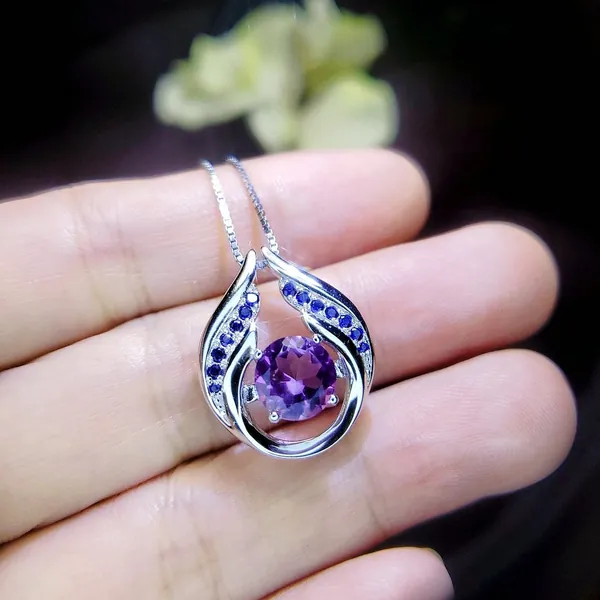 Genuine Amethyst Necklace - Hold Your Heart Pendant - 18KGP @ Sterling Silver - Blue Sapphire Style - Round Cut Natural Amethyst Pendant