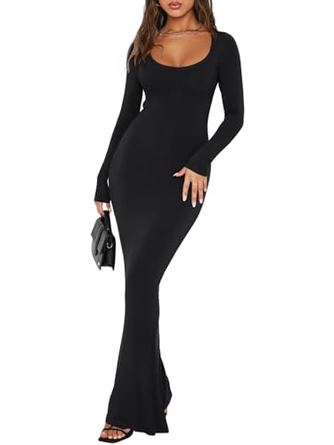 REORIA Womens Sexy Square Neck Long Sleeve Soft Lounge Long Dress Fall Casual Ribbed Bodycon Maxi Dresses - Black - M