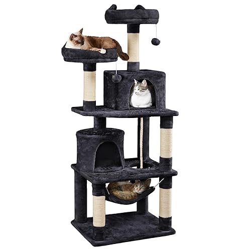 Yaheetech Cat Tree for Indoor Cats, Tall Cat Tower Cat Scratching Posts Large Kitten Activity Centre with Condos and Hammock, Black Cat Tower, 158cm - Black