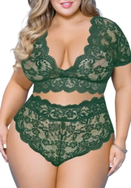 Plus Size 2 Piece Lingerie Set for Women Sexy Deep V Allover Lace Bra and Panty High Waist Nightwear Clubwear