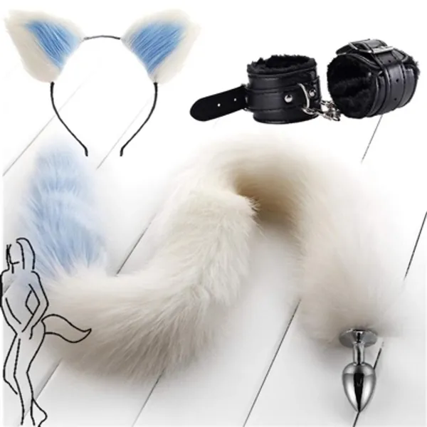 Hand C-ǔ-f-f-s - Headband - Long White Blue B+ǘ-t-t Fox Tail Massager Role Play Halloween Paty T-ǒ-y-s (Color B, M)