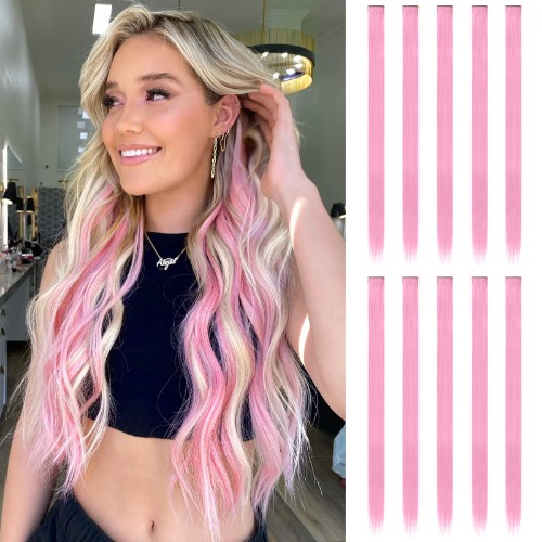 FESHFEN Colored Hair Extensions, 10 PCS Pink Hairpieces for Women Highlight Colorful Straight Clip in Hair Extensions Daily Party Costumes Hair Pieces for Girls Dolls, 22 inch - 10 Pcs Light Pink