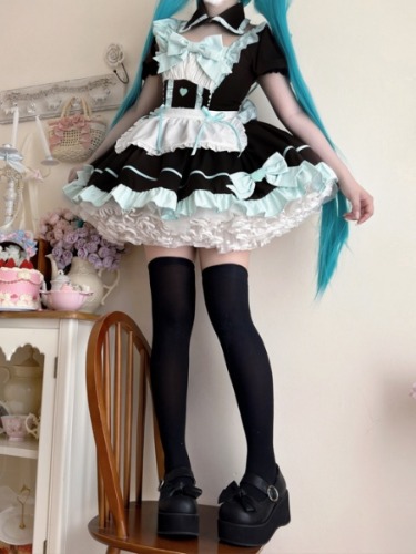 [$29.70]Black and Mint Green Bowknot Detail Sweet Maid Lolita One Piece + Apron + Collar