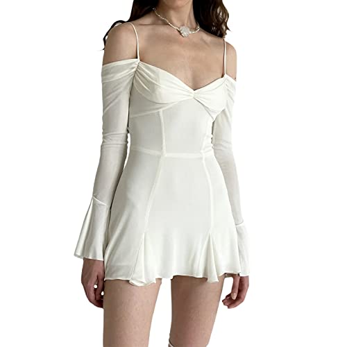 lisenraIn Women Long Sleeve Y2k Dress Mesh Patchwork Mini Dress Party Clubwear Sexy Low Cut Short Vintage Dress - Large - A-white