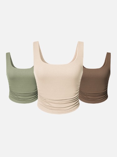 Eco-SkinKiss® Ruched Sides Square Brami Tank Top-3Pcs Set - Coffee/Tate Olive/Beige / M