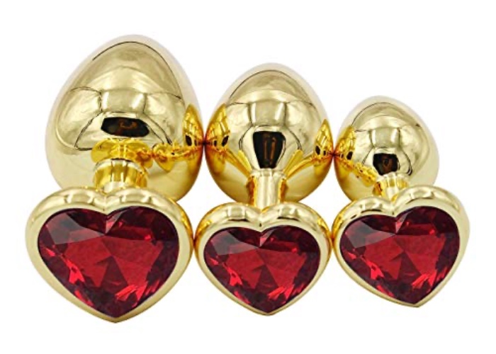 3Pcs Set Luxury Metal Butt Toys Heart Shaped Anal Trainer Jewel Butt Plug Kit S&M Adult Gay Anal Plugs Woman Men Sex Gifts Things for Beginners Couples Large/Medium/Small,Golden Red - Golden Red