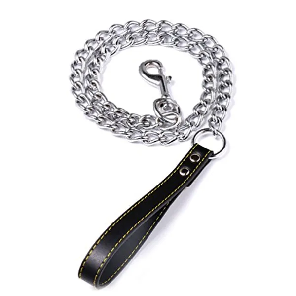 SGODA Chain Dog Leash with Leather Handle 4 Feet Black