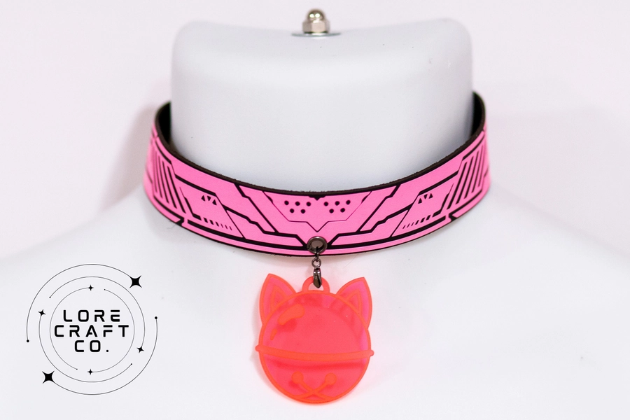 Cyberpunk Cat Mech choker, glow in the dark pink, UV reactive, fluorescent acrylic, cat collar, neko, anime inspired, techwear jewelry