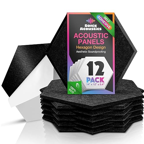 Sonic Acoustics Self-Adhesive 12 Pack Hexagon Acoustic Panels, 14" X 12" X 0.4" High Density Sound Absorbing Panels Sound Proof Insulation Beveled Edge Studio Treatment Tiles-Black - Self-adhesive - Black