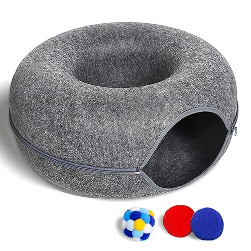 Cat Tunnel Bed for Indoor Cats with 3 Toys, Scratch Resistant Donut Cat Bed, Up to 9 Lbs (M 20x20x9, Dark Grey) - M(20x20x9) - Dark Grey