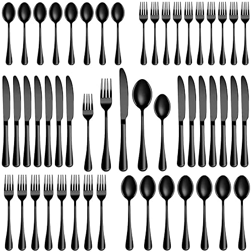 60 Pcs Black Silverware Set, Stainless Steel Serving Sets Service for 12, Mirror Polished Serving Utensils Set, Durable Home Kitchen Eating Tableware Set, Include Fork Knife Spoon Set,Dishwasher Safe - Black - 60 Piece