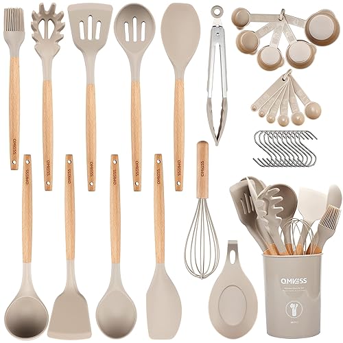 QMVESS Silicone Kitchen Utensils Set, 35 Pcs Non-Stick Cooking Utensils Set, Sturdy Insulation Wooden Handle Kitchen Accessories for Cooking with Spatula Set and Spoons Set Gadgets (Khaki) - Khaki