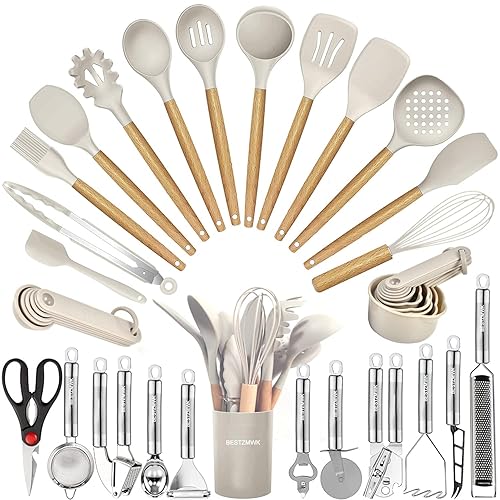 Kitchen Utensils Set- 35 PCs Cooking Utensils with Grater,Tongs, Spoon Spatula &Turner Made of Heat Resistant Food Grade Silicone and Wooden Handles Kitchen Gadgets Tools Set for Nonstick Cookware - Khaki