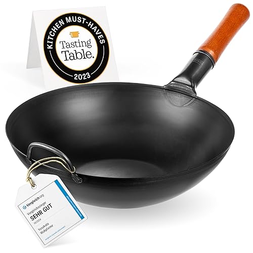 YOSUKATA Carbon Steel Wok Pan – 13,5 “ Stir Fry Pans - Chinese Wok with Flat Bottom Pow Wok - Traditional Japanese Woks - Black Carbon Steel - 34cm