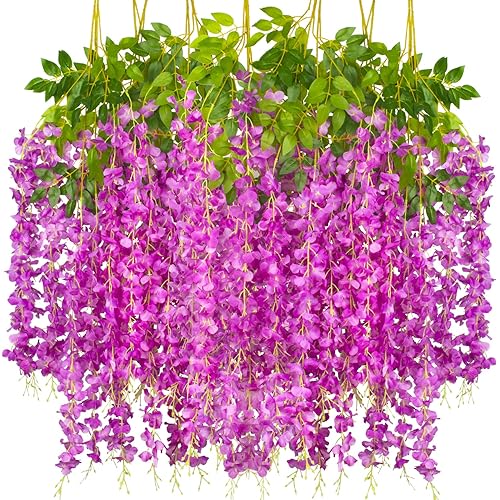 AITISOR 12 Pack Artificial Flowers Silk Wisteria Vine Ratta Hanging Flower (Purple) - Purple
