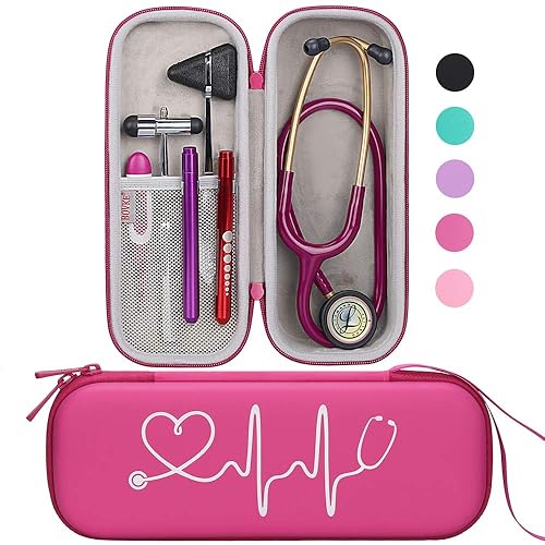BOVKE Travel Carrying Case Compatible with 3M Littmann Classic III,MDF Acoustica Deluxe Stethoscopes - Extra Room for Medical Bandage Scissors EMT Trauma Shears and LED Penlight, Raspberry - Pu Leather_Raspberry