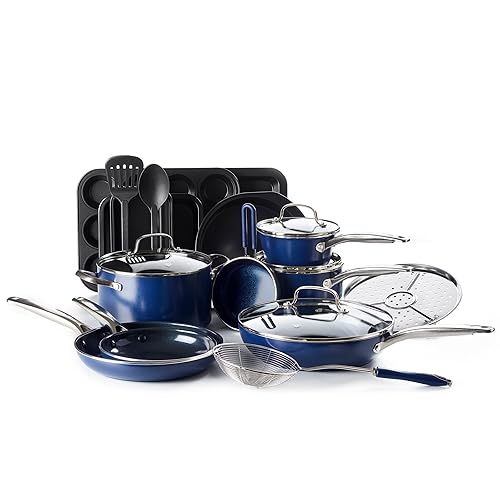 Blue Diamond 20 Piece Cookware and Bakeware Set, Diamond Infused PFOA PFAS-Free Ceramic Nonstick Pots and Pans, Durable Nontoxic Metal Utensil Safe & Scratch Resistant, Dishwasher & Oven Safe, Blue - 20 Piece Cookware + Bakeware Set - Blue