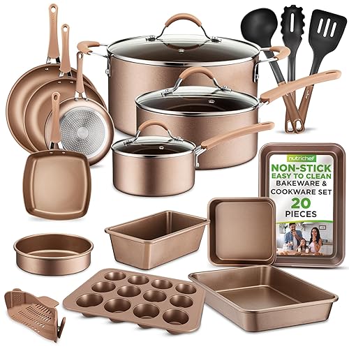 Nutrichef 20 Piece Professional Home Kitchen Cookware and Bakeware, Pots and Pans Set Non Stick Kitchenware, Cool-Touch Handles, Non Toxic, Safe for Gas, Electric, Induction Cooktops, Easy Clean - Matte Gold