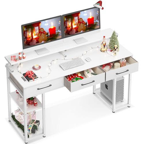ODK Computer Desk with Drawers and Storage Shelves, 55 inch Home Office Desk with Monitor Stand, Modern Work Study Writing Table Desk for Small Spaces, White + White Leg - 55 inch - White + White Leg