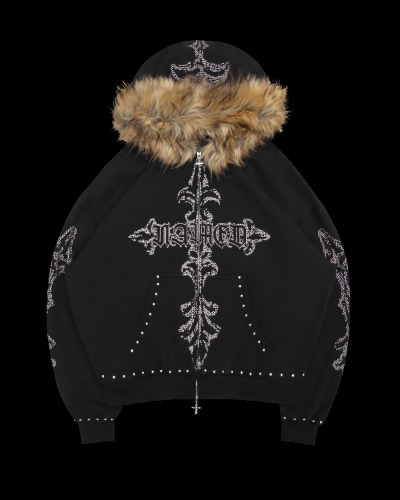 FERAL FAUX FUR STUDDED ZIP HOODIE BLACK | S/M
