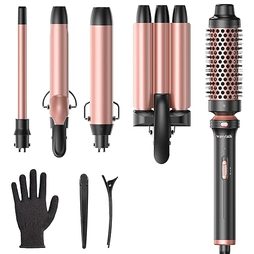 Wavytalk 5 in 1 Curling Wand Set, Dual Voltage Curling Iron Set with 5 Interchangeable Barrels Included A Thermal Brush, A Hair Crimper and 3 Ceramic Curling Wands(0.5"-1.25"), Rose Pink