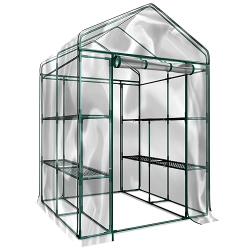 Greenhouse - Walk in Greenhouse with 8 Sturdy Shelves and PVC Cover for Indoor or Outdoor Use - 56 x 56 x 76-Inch Green House by Home-Complete - Walk-In