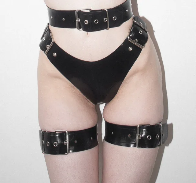 Custom Made Heavy Rubber thigh garters/harness with rivets, Black Vegan Leather garter set with silver hardware
