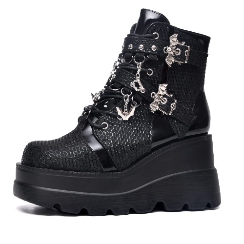 Gothniero Platform Goth Ankle Boots for Womem Black Holographic Combat Chunky Heel Boots with Side Zip Lace Up Wedge Booties US5.5-11 - 8.5 US