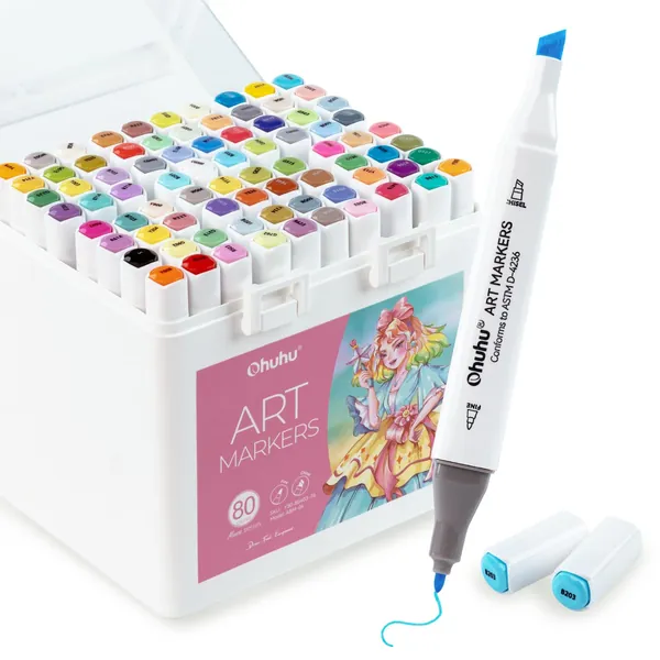 Ohuhu Markers, 80-color Double Tipped Alcohol Markers, Chisel & Fine Alcohol-based Art Marker Set for Adults Beginners Coloring Illustration Sketching, Great Value Pack for Students' Art Class -Manoa