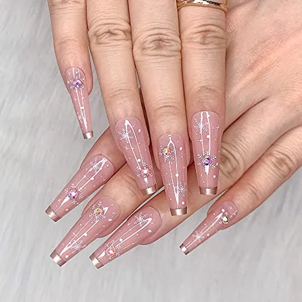 Artquee 24pcs French Nude Pink Ballerina White Snowflake Diamond Long Glossy Coffin Fake Nails Press on Nail False Tips Manicure for Women and Girls