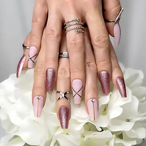 Hypnaughty 24 Pcs Pink Fantasy Matte and Glitter Design with Rhinestones Luxury Coffin Press on Nails with Glue Medium Long Reusable False Nails (Pink Fantasy)