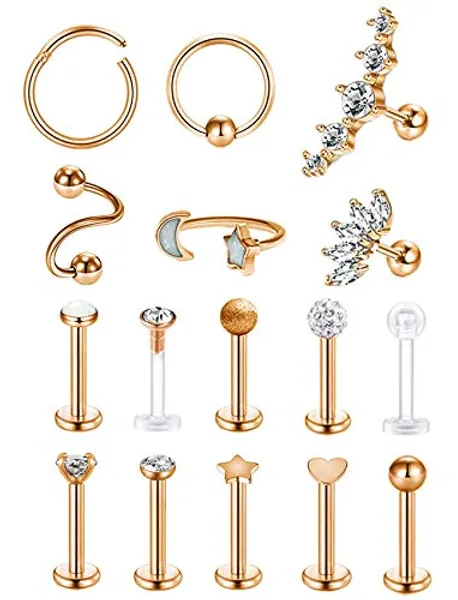 REVOLIA 16 Pcs 16G Stainless Steel Tragus Earring Cartilage Helix Single Earring Lip Rings Labret Studs Daith Rook Piercing